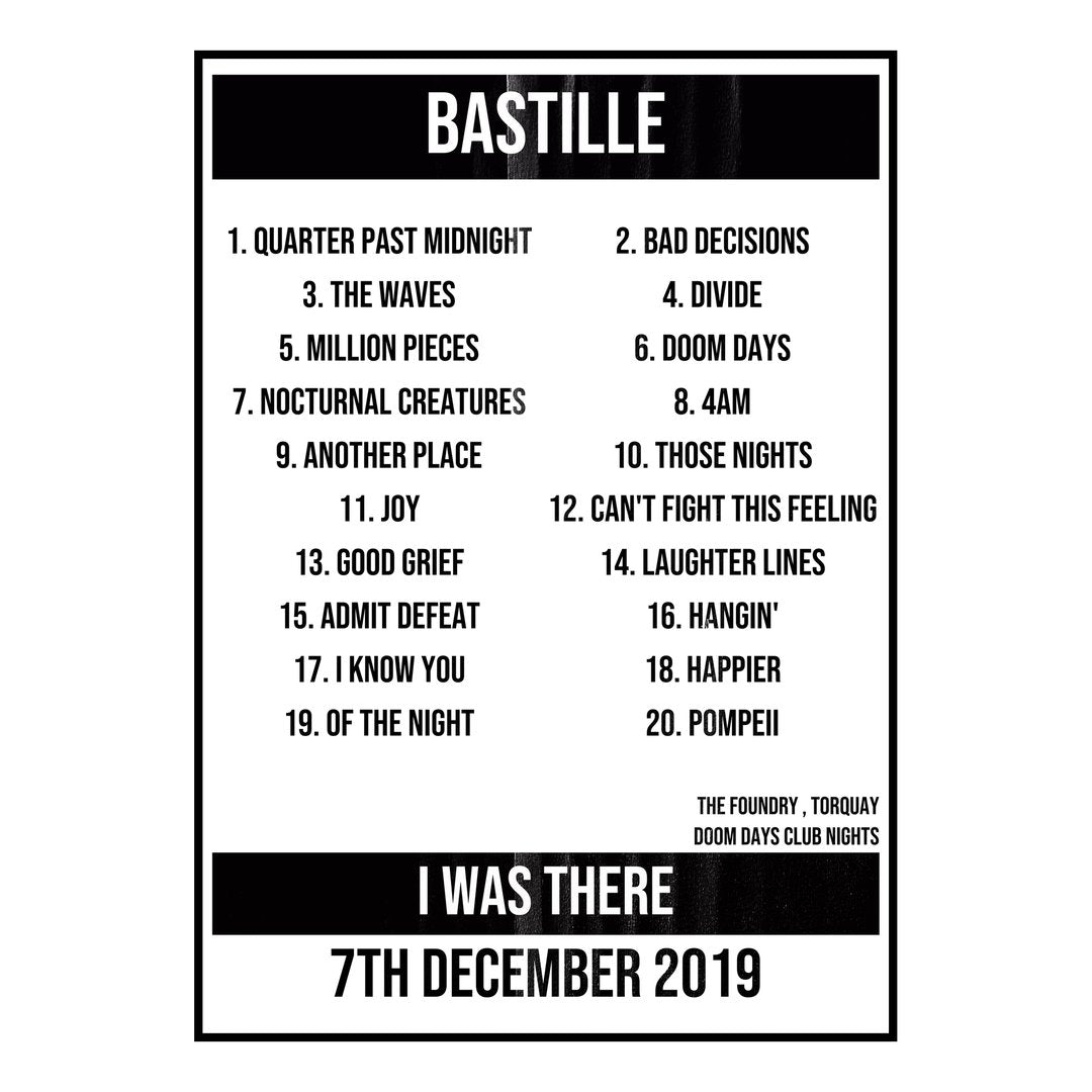 Bastille Torquay 7th December 2019 Setlist poster