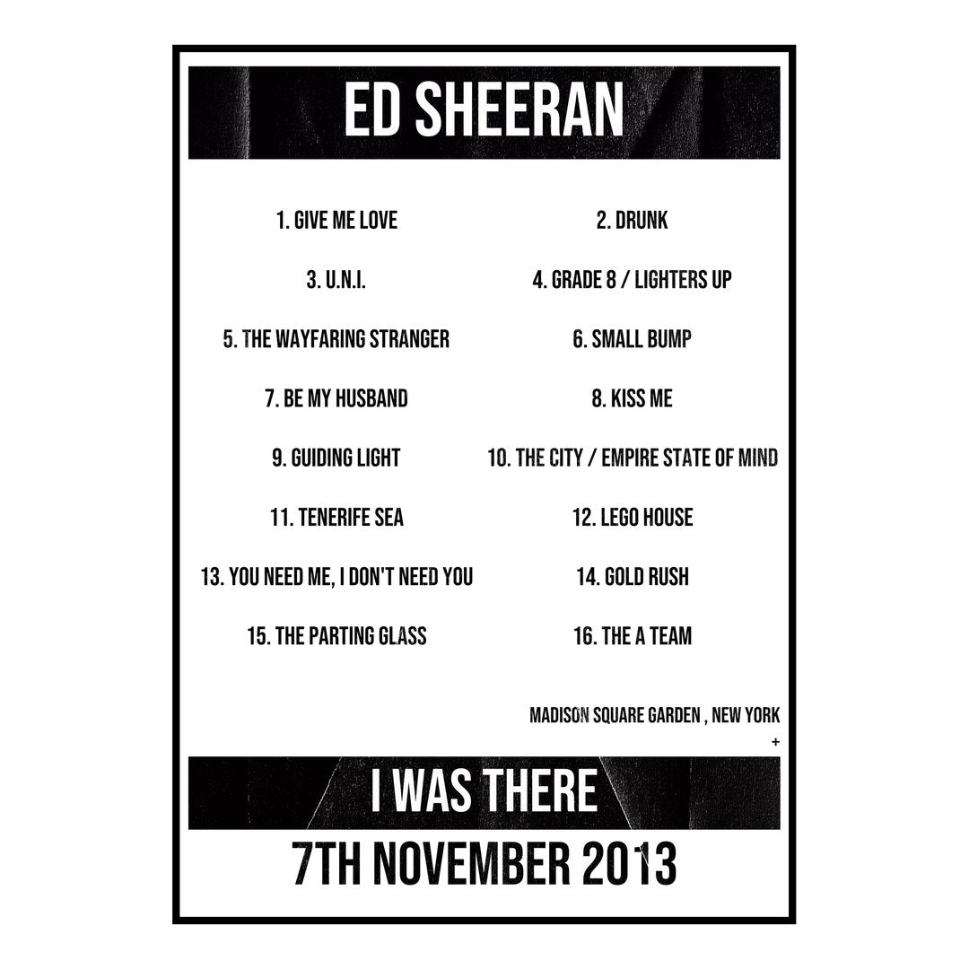Ed Sheeran New York 7th November 2013 Setlist poster