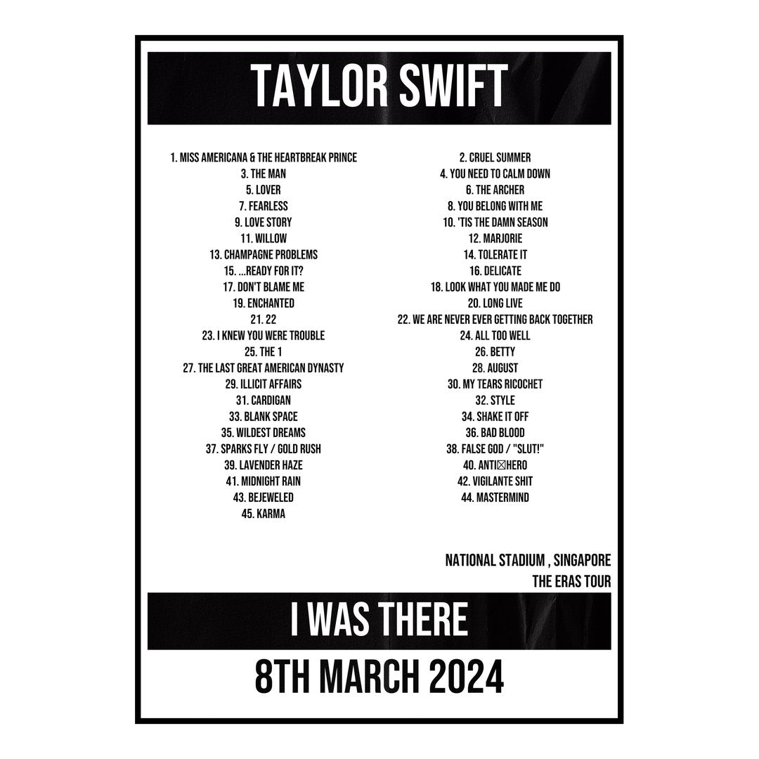 Taylor Swift Singapore 8th March 2024 Setlist poster