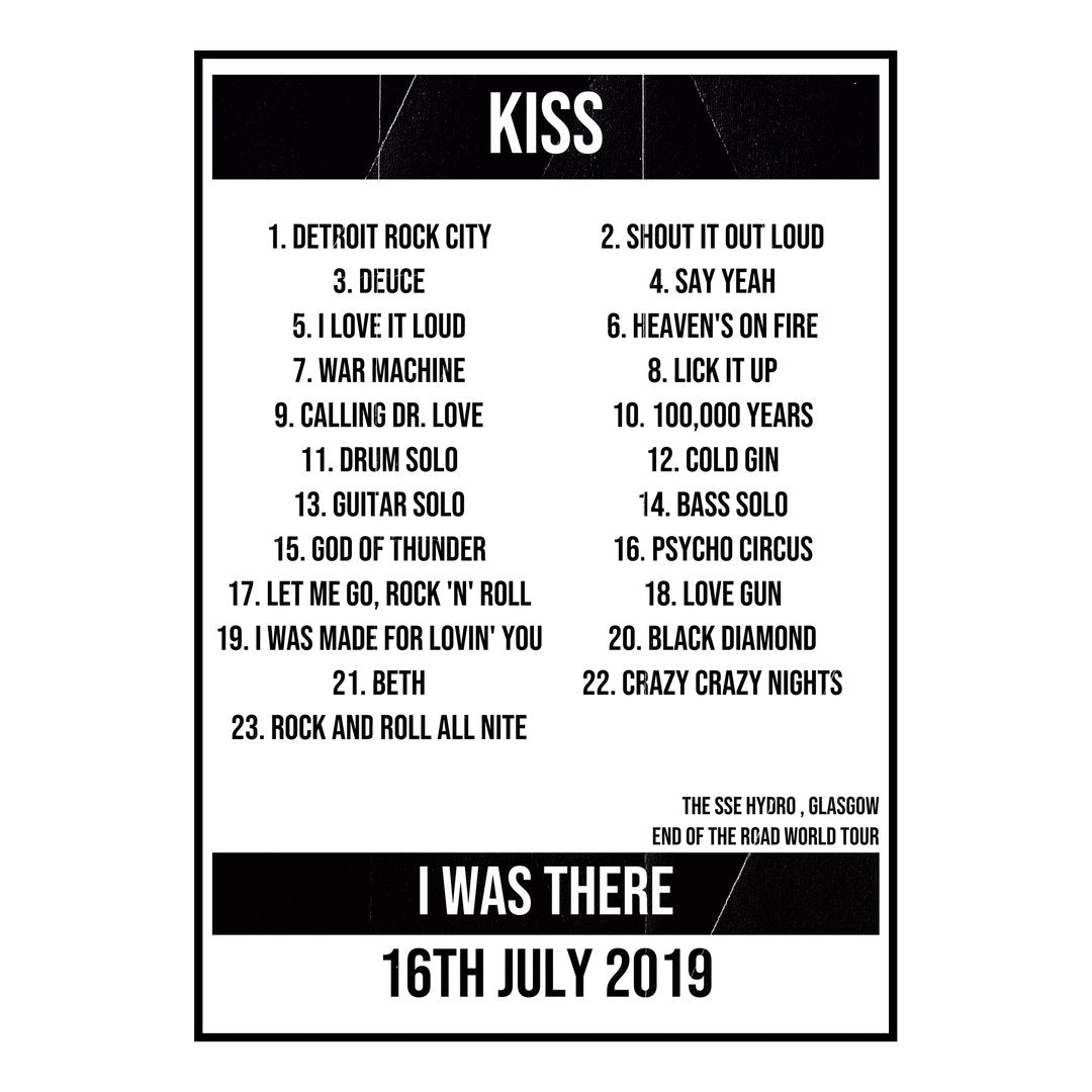 KISS Glasgow 16th July 2019 Setlist poster