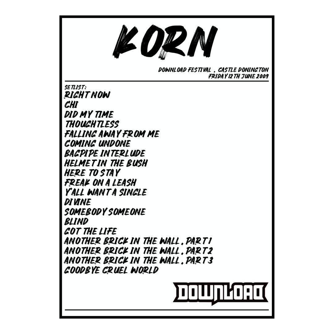 Korn Castle Donington 12th June 2009 Setlist poster