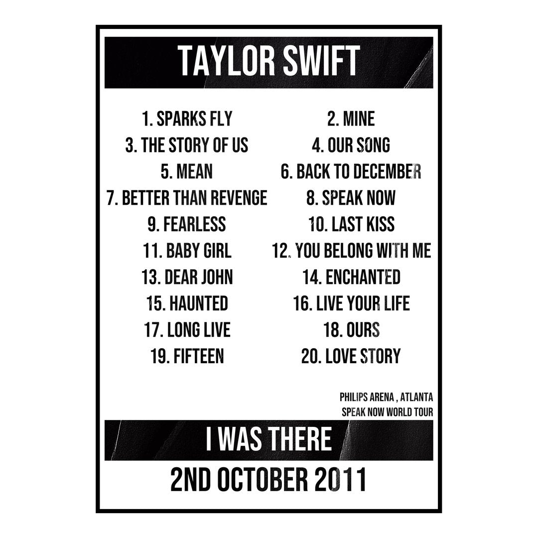 Taylor Swift Atlanta 2nd October 2011 Setlist poster