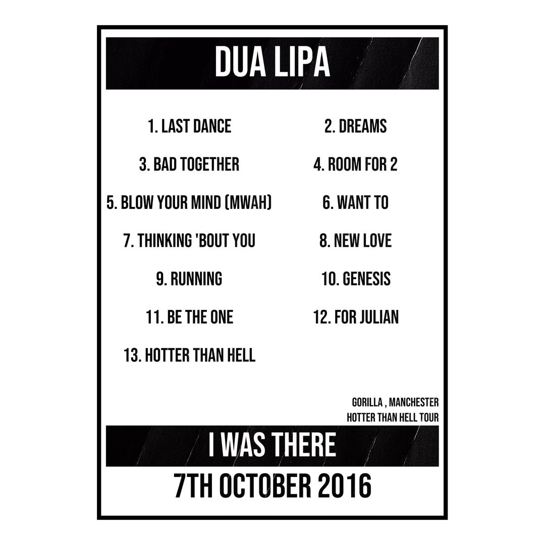 Dua Lipa Manchester 7th October 2016 Setlist poster