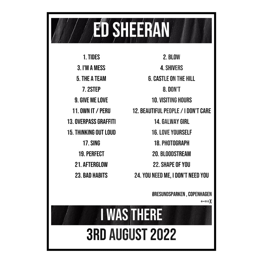 Ed Sheeran Copenhagen 3rd August 2022 Setlist poster
