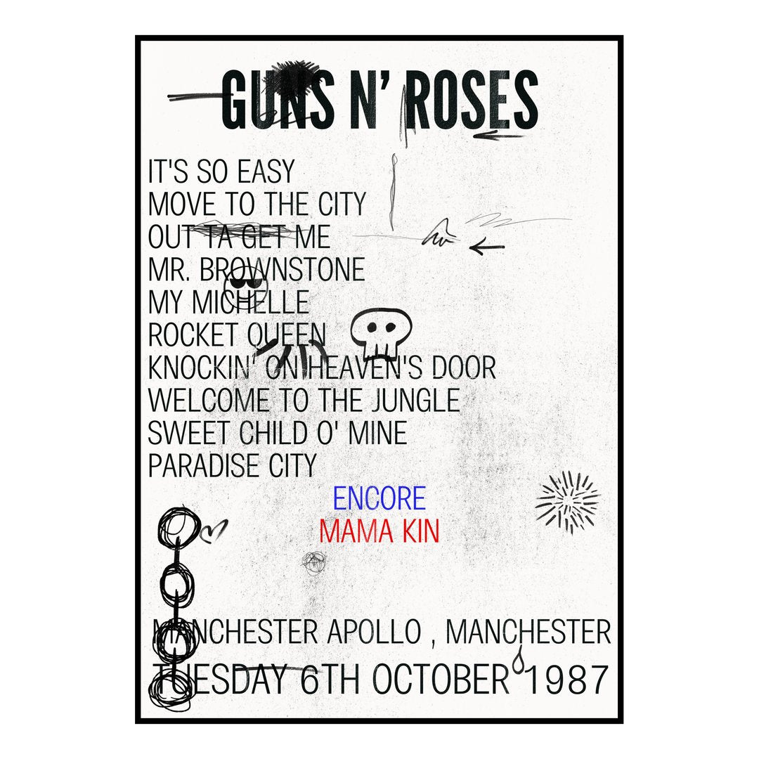 Guns N’ Roses Manchester 6th October 1987 Setlist poster