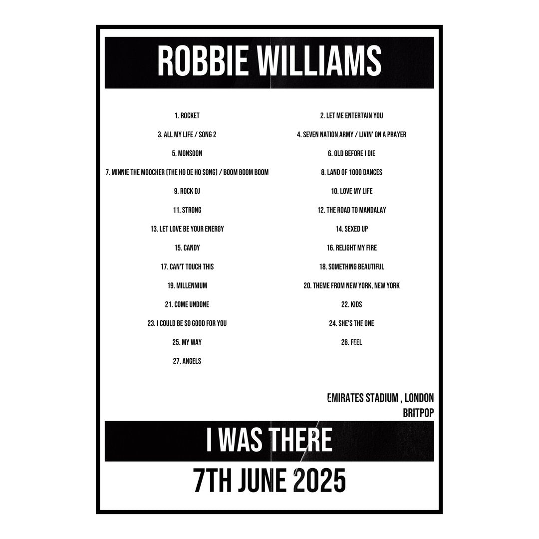 Robbie Williams London 7th June 2025 Setlist poster