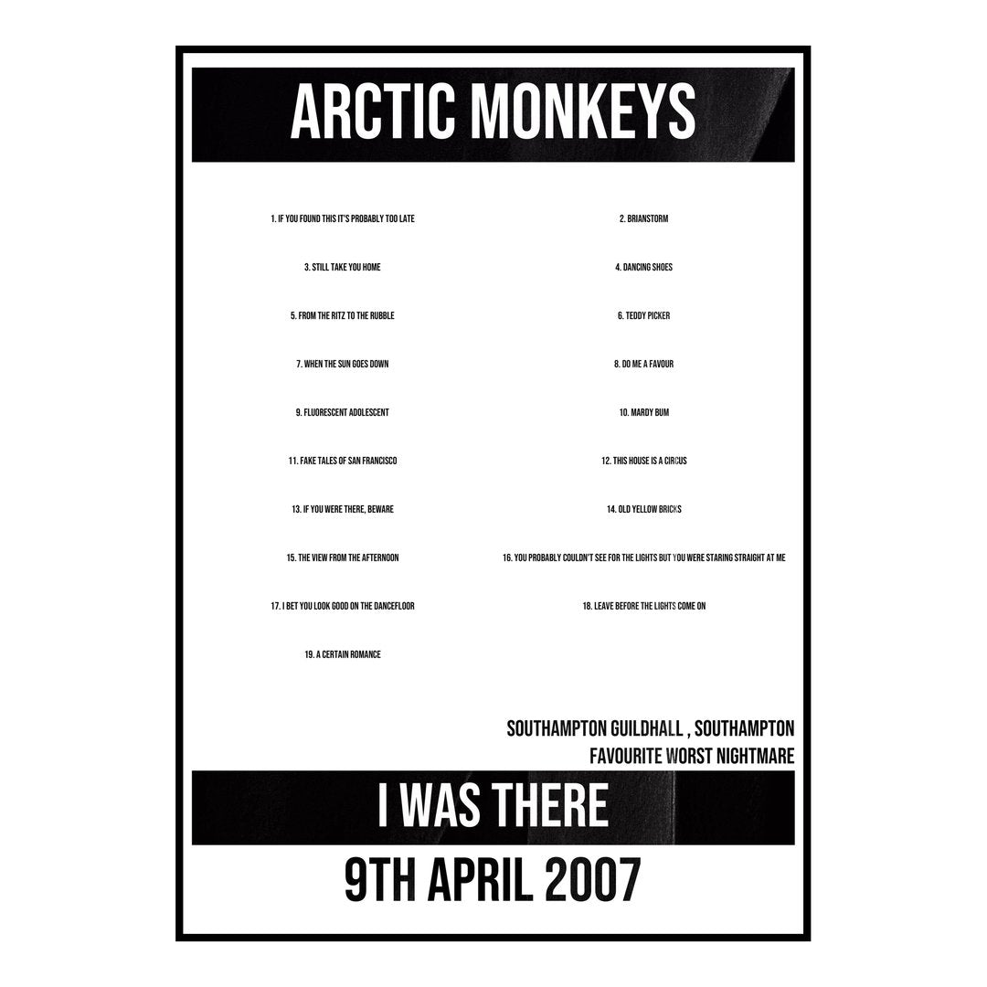 Arctic Monkeys Southampton 9th April 2007 Setlist poster