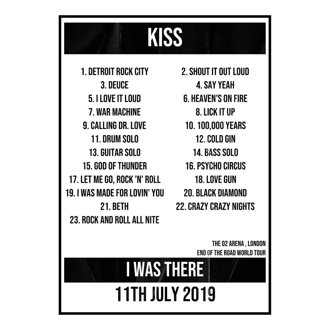 KISS London 11th July 2019 Setlist poster
