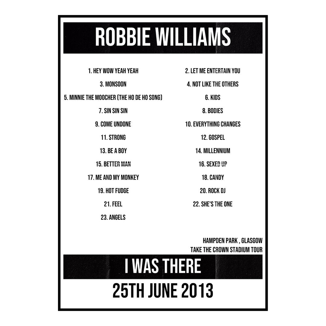 Robbie Williams Glasgow 25th June 2013 Setlist poster