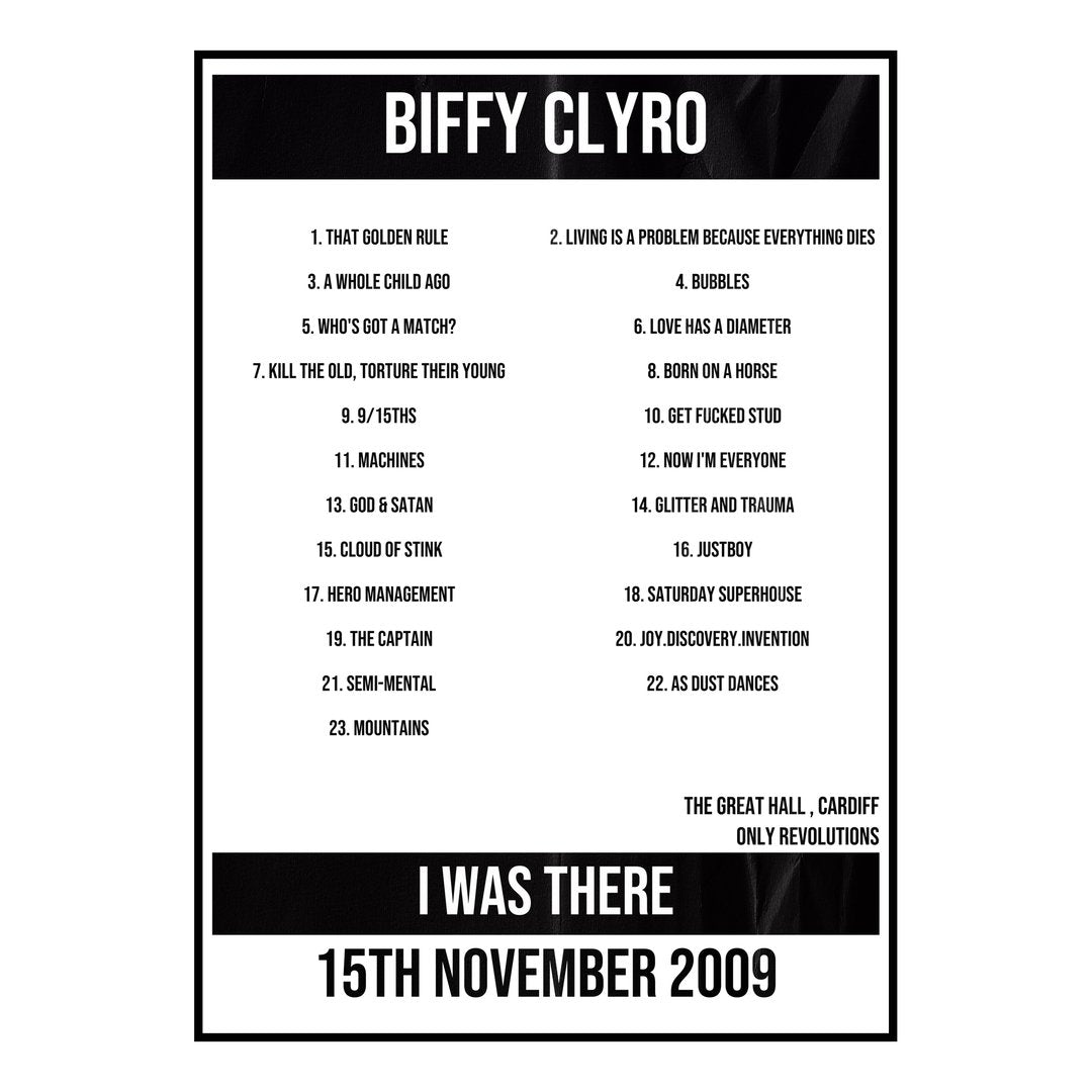 Biffy Clyro Cardiff 15th November 2009 Setlist poster