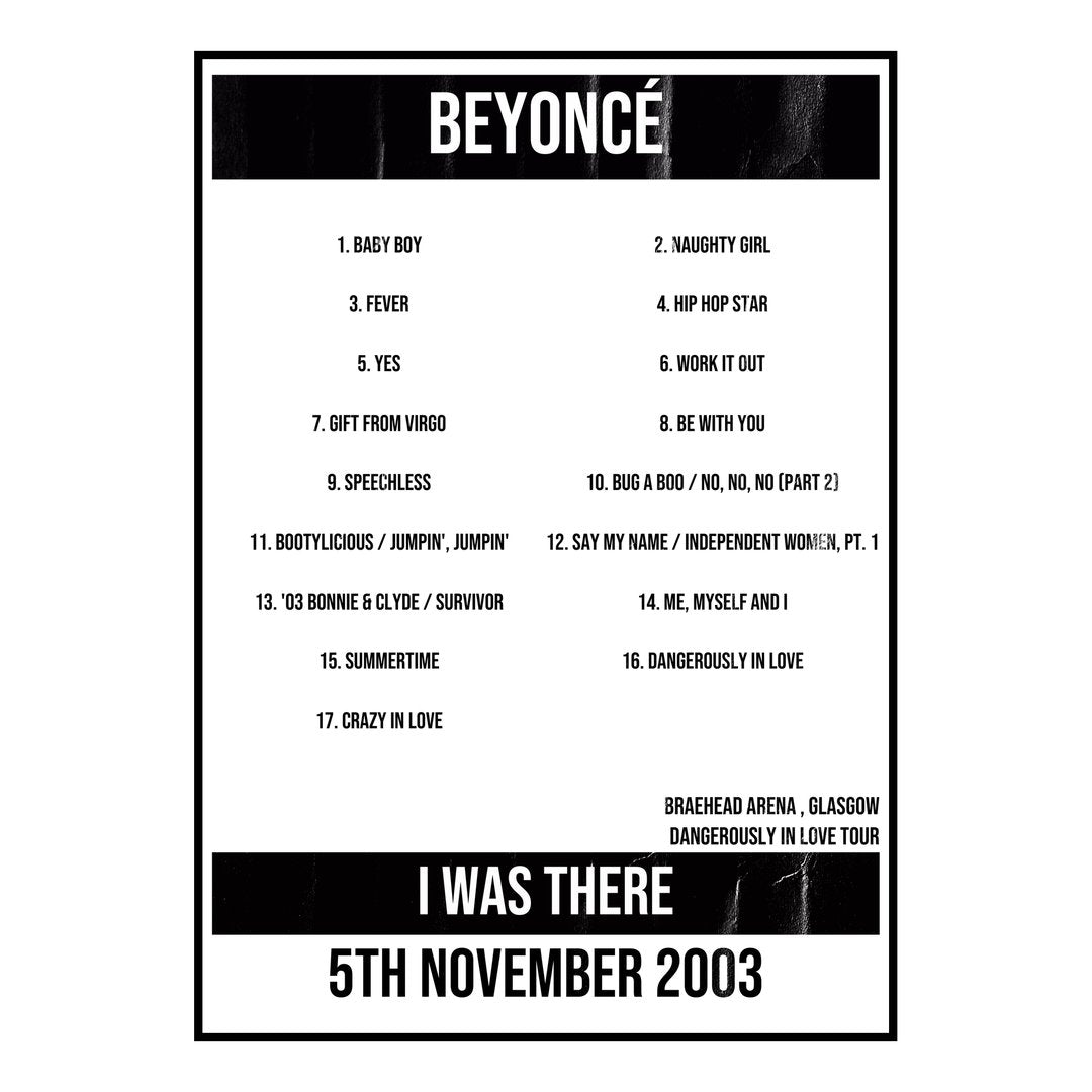 Beyoncé Glasgow 5th November 2003 Setlist poster