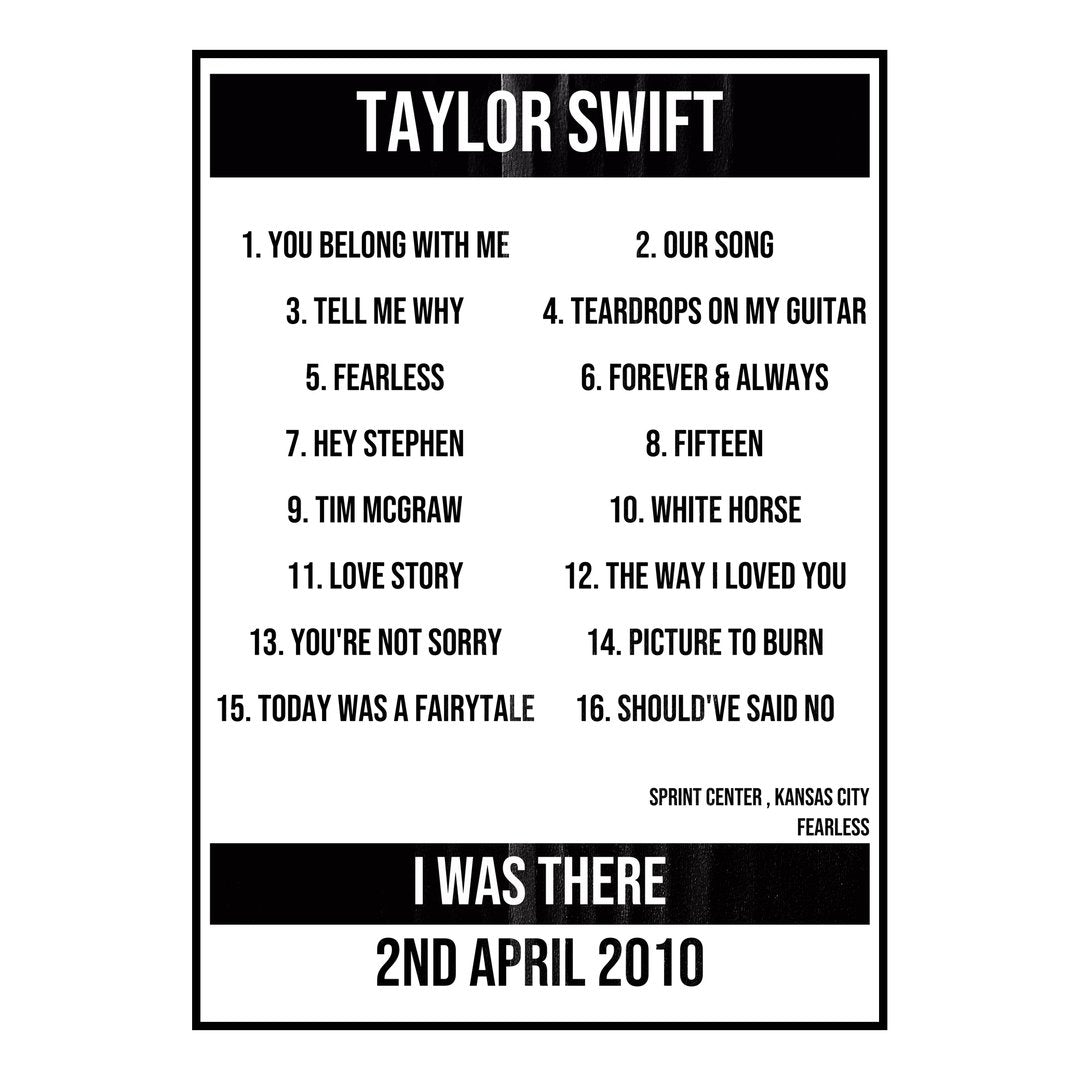 Taylor Swift Kansas City 2nd April 2010 Setlist poster