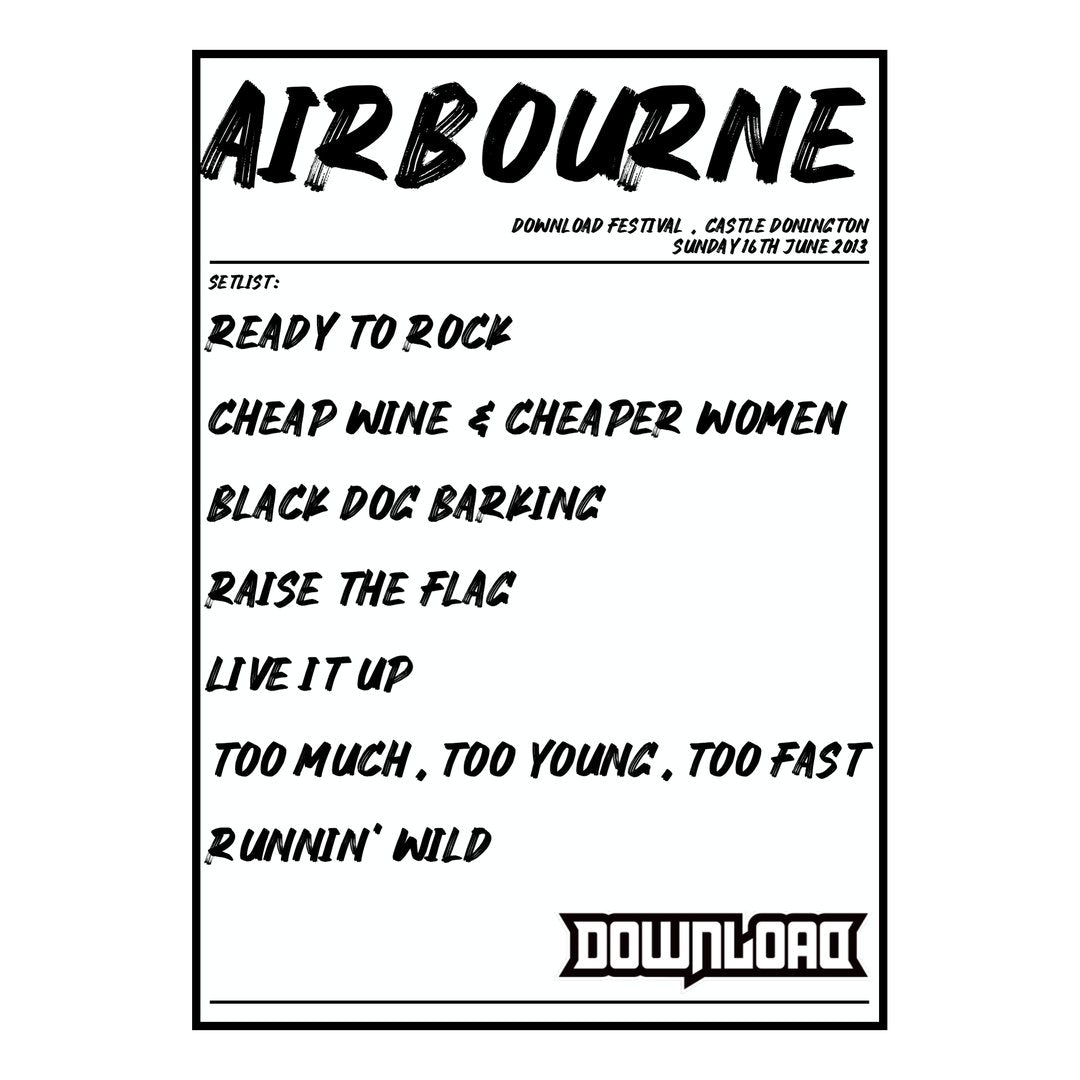 Airbourne Castle Donington 16th June 2013 Setlist poster