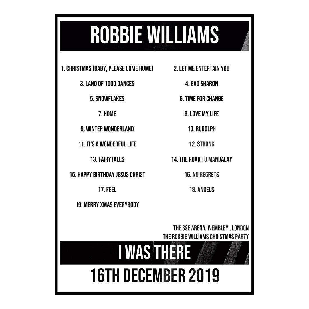 Robbie Williams London 16th December 2019 Setlist poster