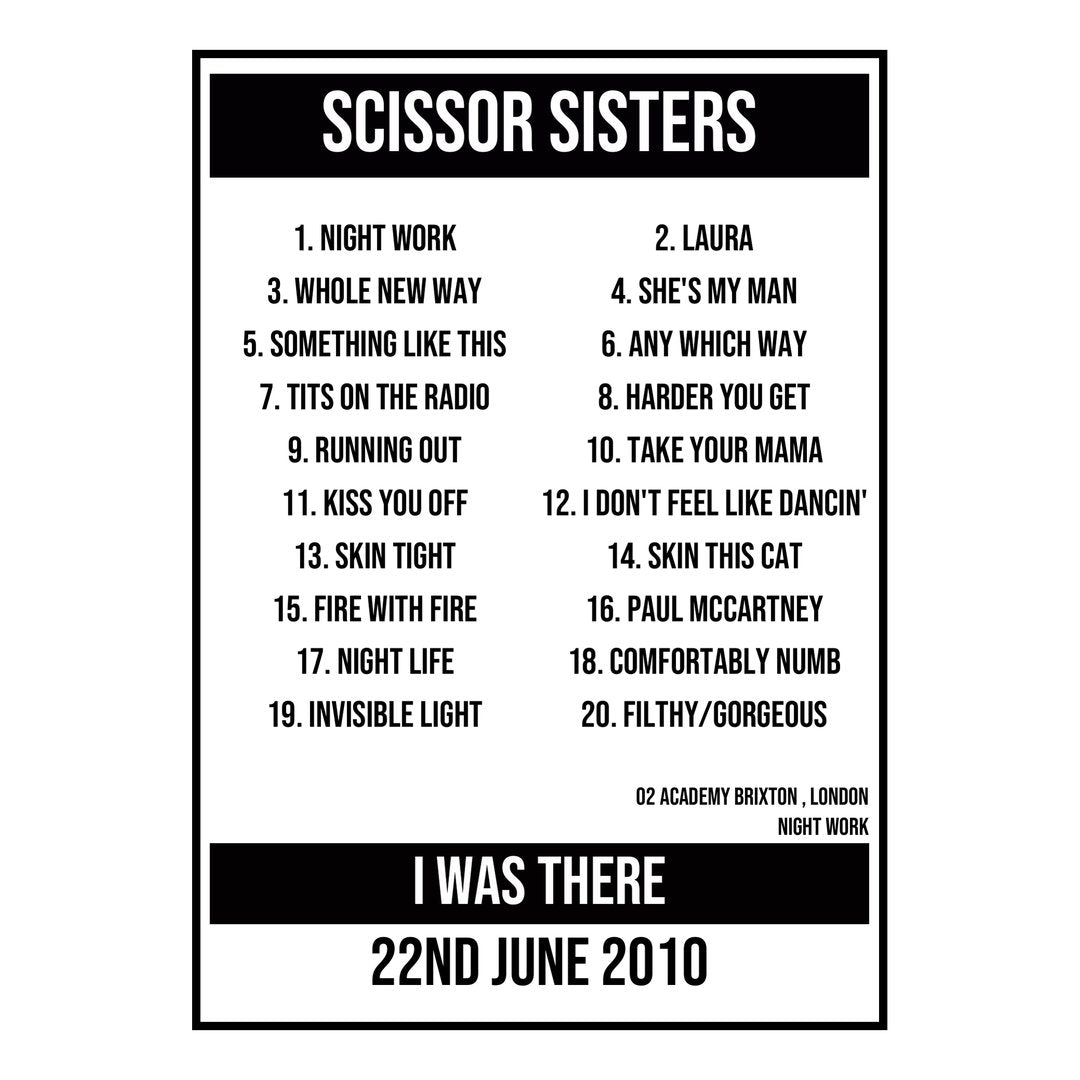 A Setlist Poster Featuring Scissor Sisters Gig from London in 2010