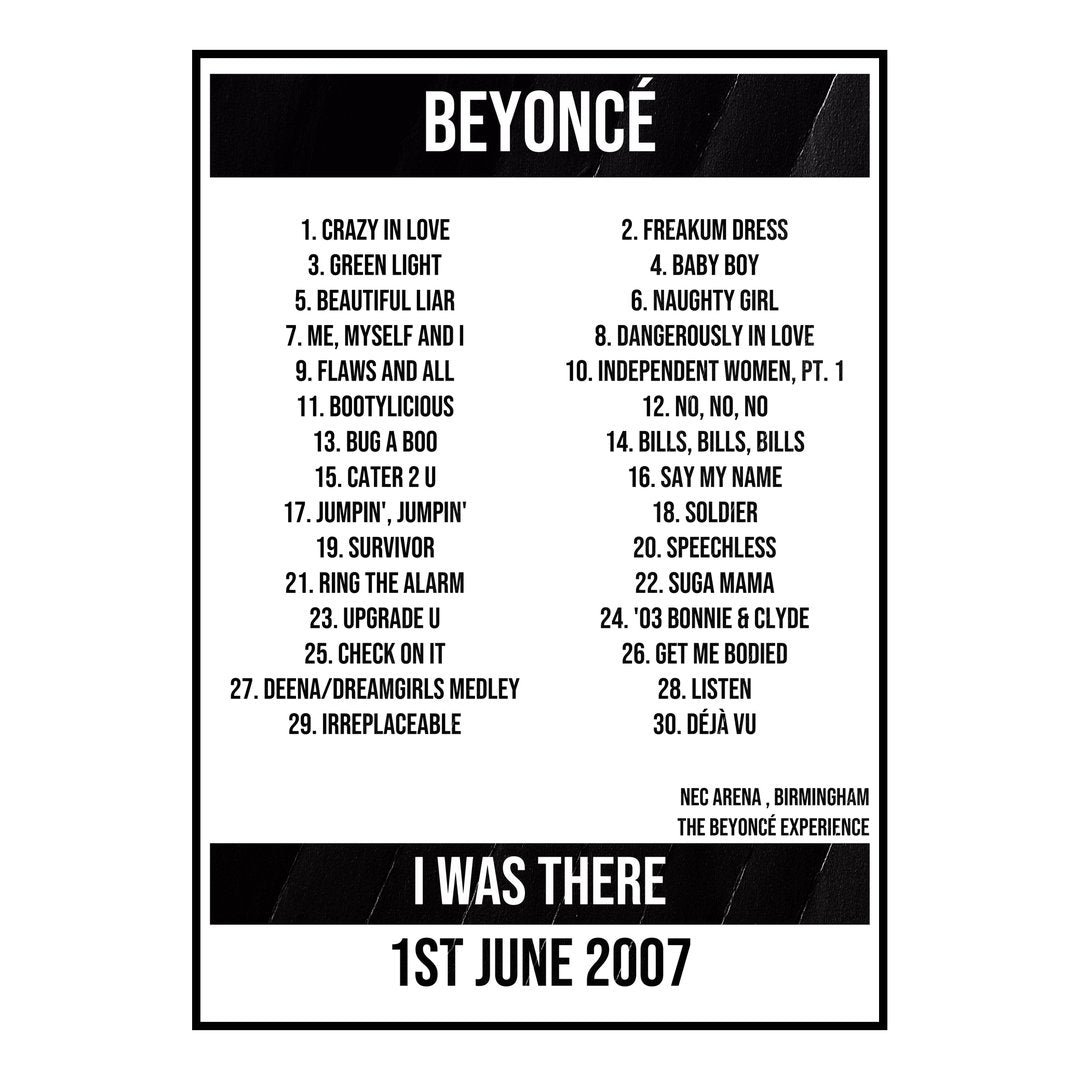 Beyoncé Birmingham 1st June 2007 Setlist poster