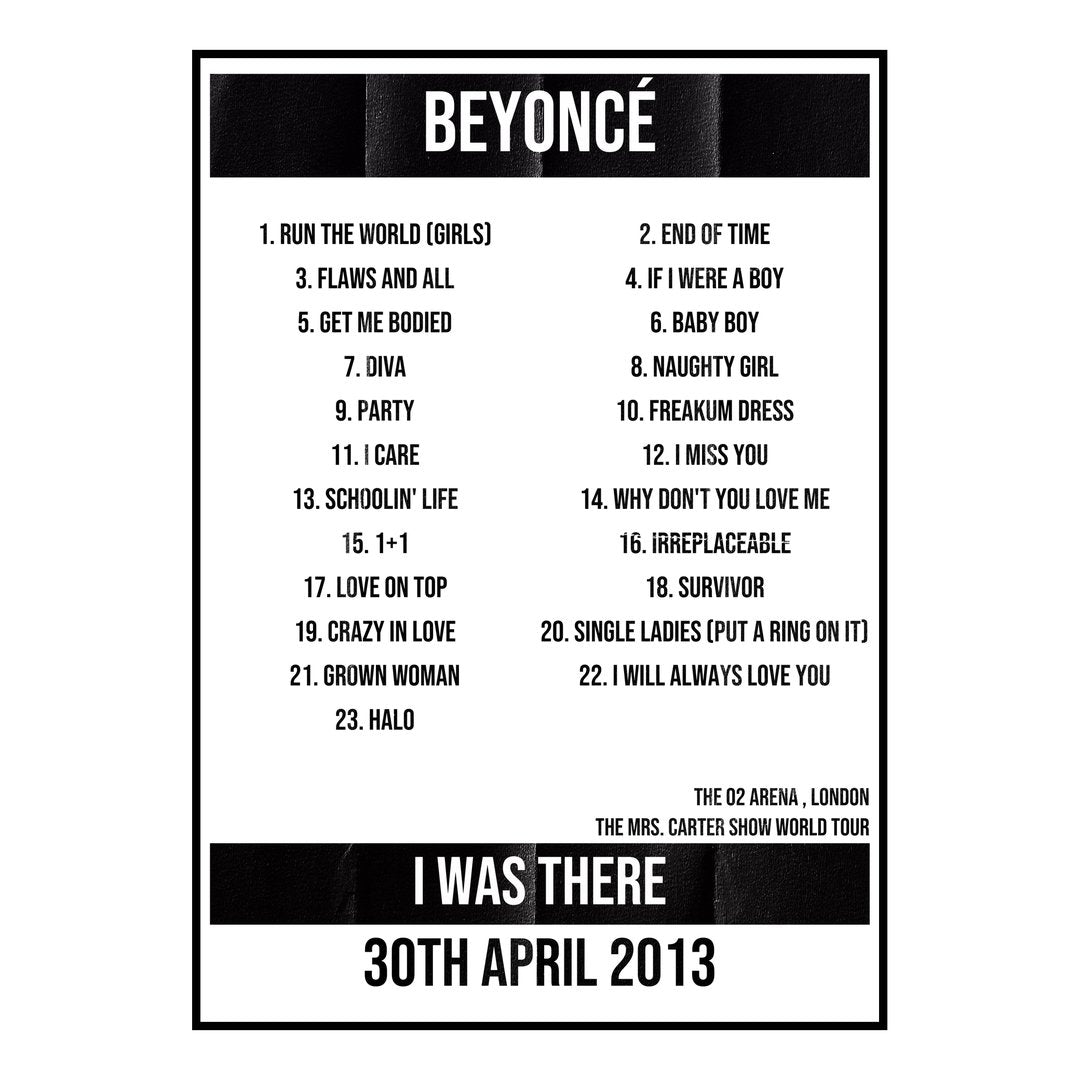 Beyoncé London 30th April 2013 Setlist poster