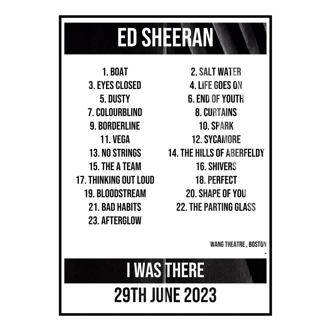 Ed Sheeran Boston 29th June 2023 Setlist poster