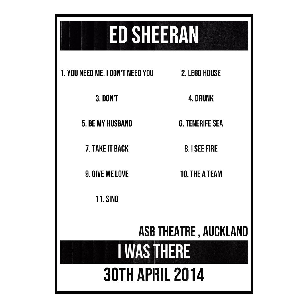 Ed Sheeran Auckland 30th April 2014 Setlist poster