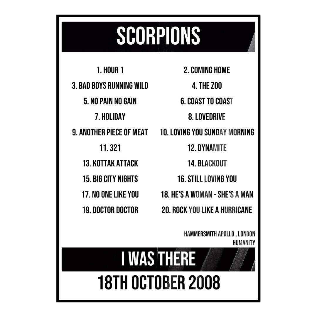 Scorpions London 18th October 2008 Setlist poster