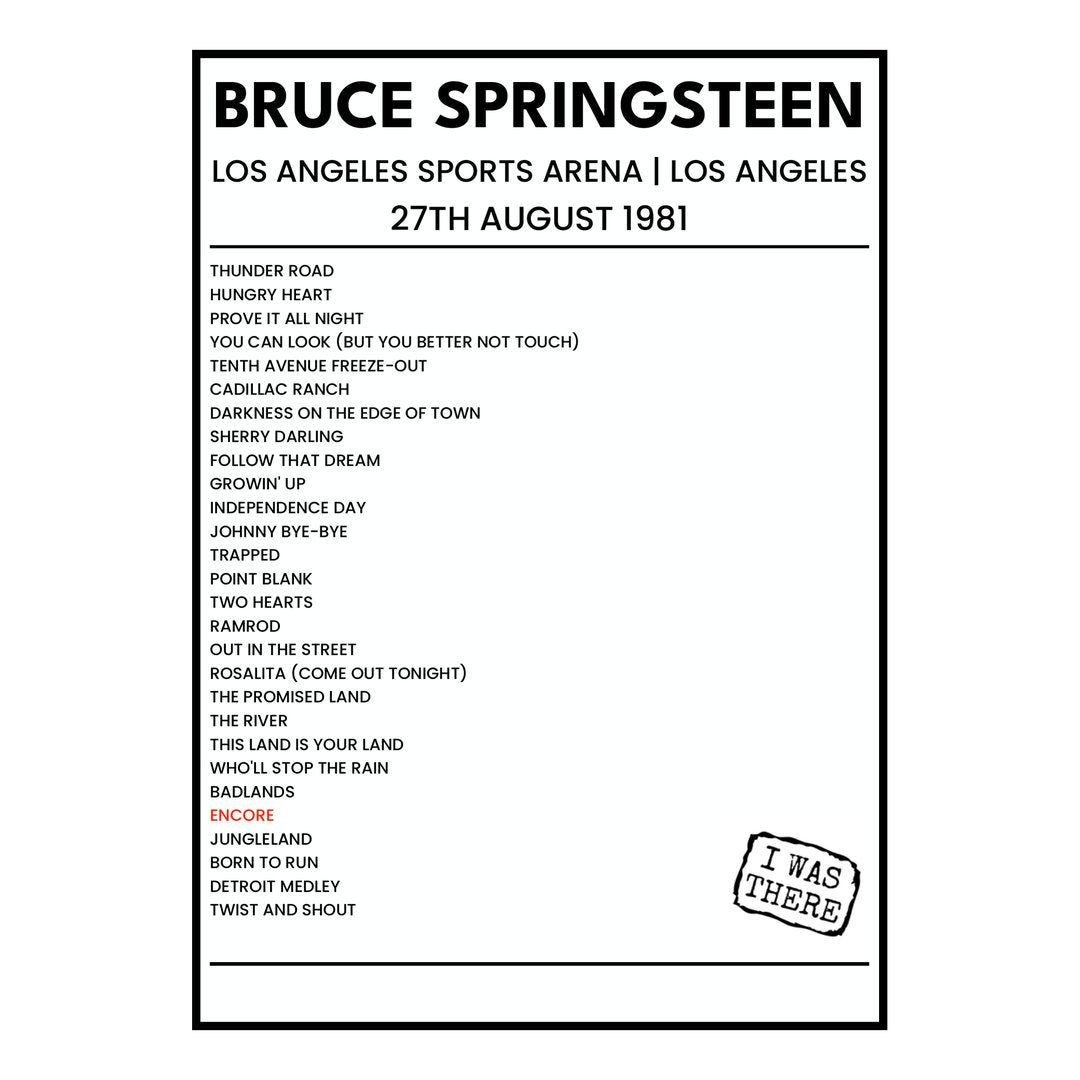 Bruce Springsteen Los Angeles 27th August 1981 Setlist poster