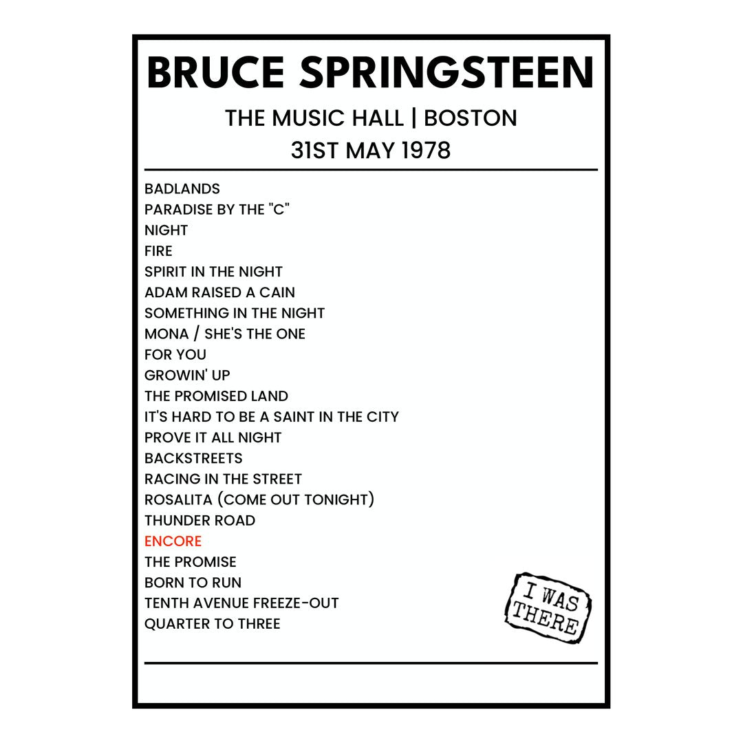 Bruce Springsteen Boston 31st May 1978 Setlist poster