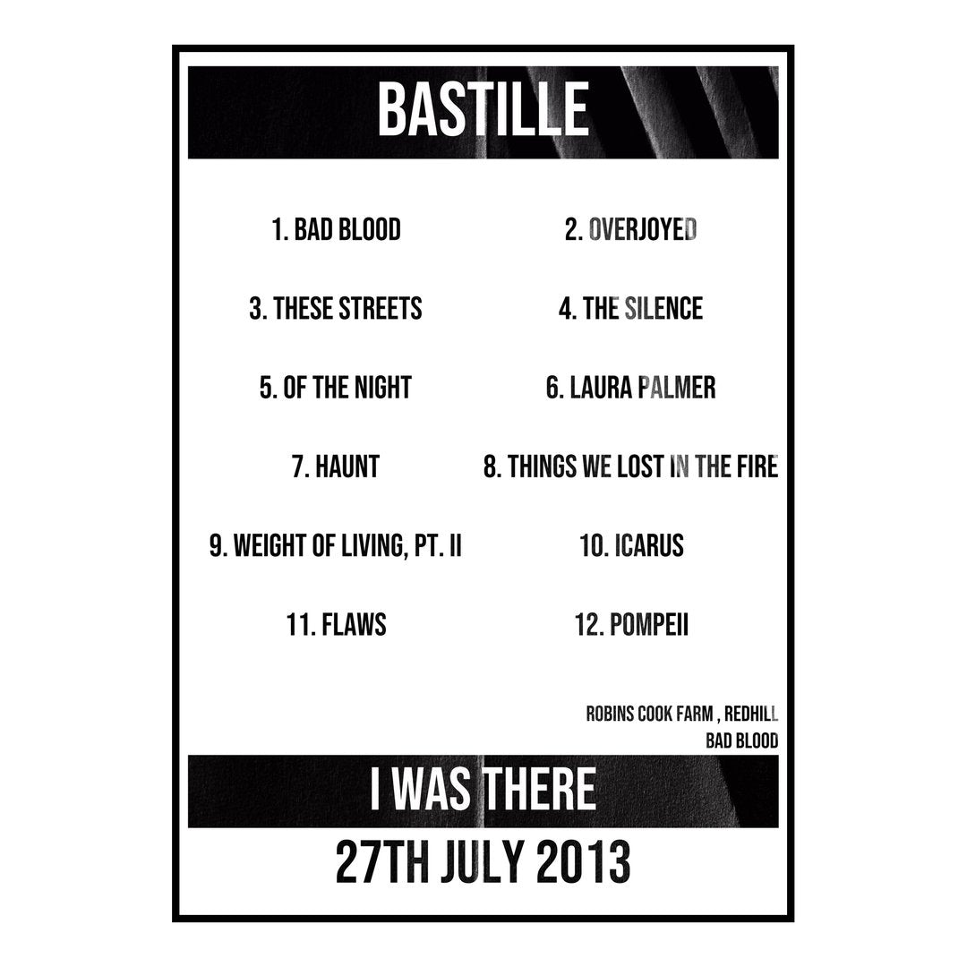 Bastille Redhill 27th July 2013 Setlist poster