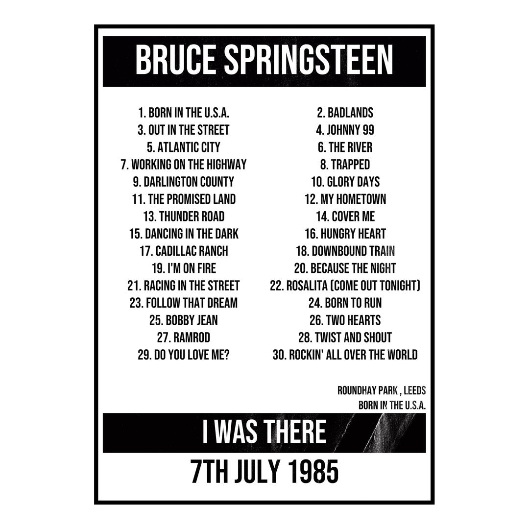Bruce Springsteen Leeds 7th July 1985 Setlist poster