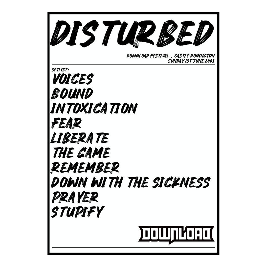 Disturbed Castle Donington 1st June 2003 Setlist poster