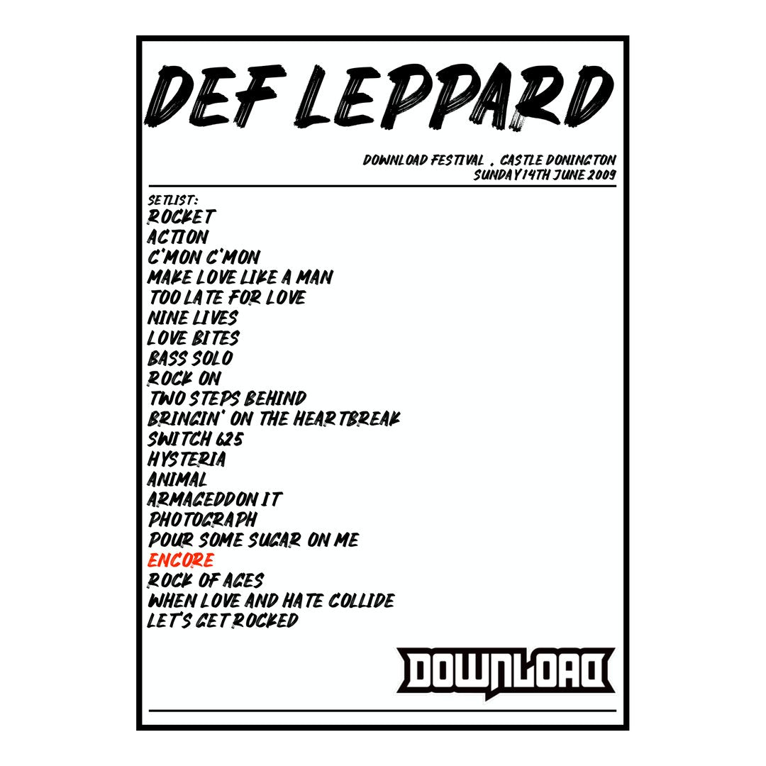 Def Leppard Castle Donington 14th June 2009 Setlist poster