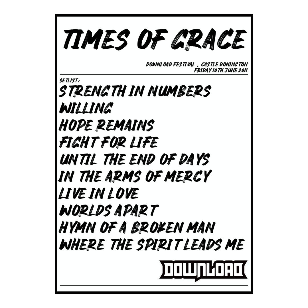 Times of Grace Castle Donington 10th June 2011 Setlist poster