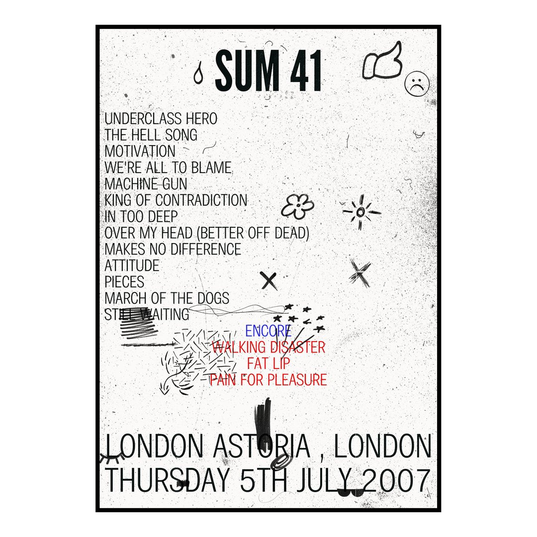 Sum 41 London 5th July 2007 Setlist poster
