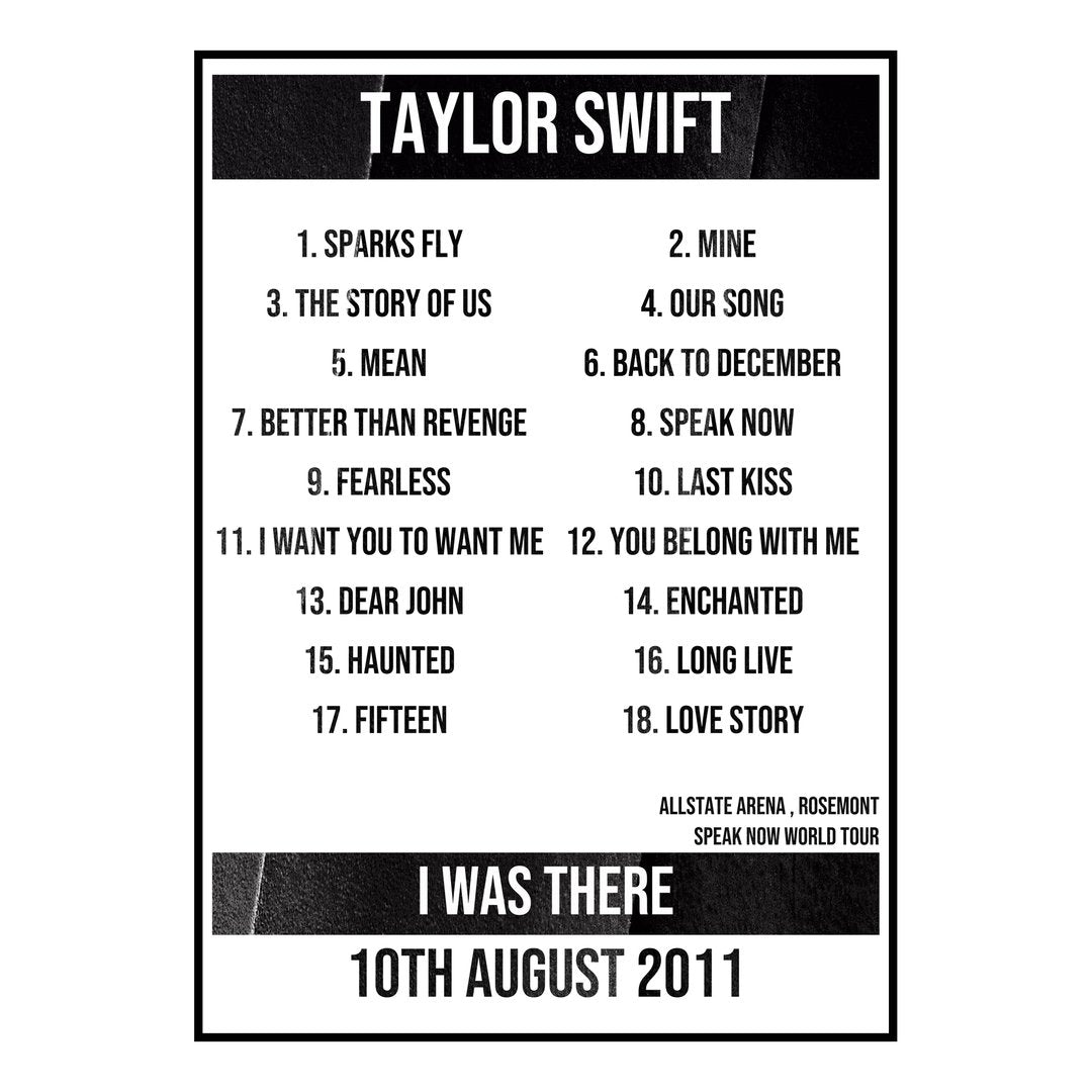 Taylor Swift Rosemont 10th August 2011 Setlist poster