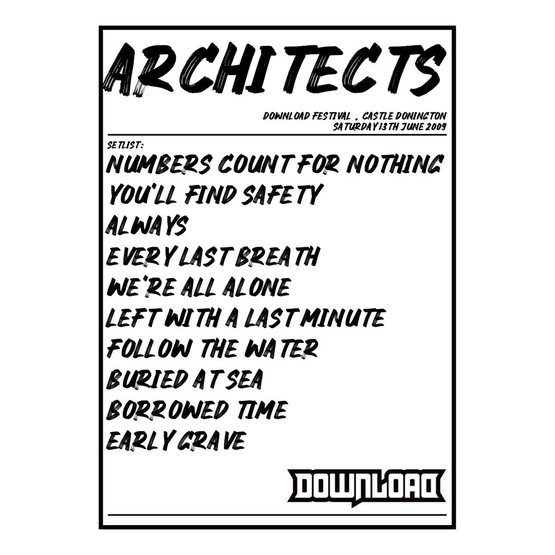 Architects Castle Donington 13th June 2009 Setlist poster