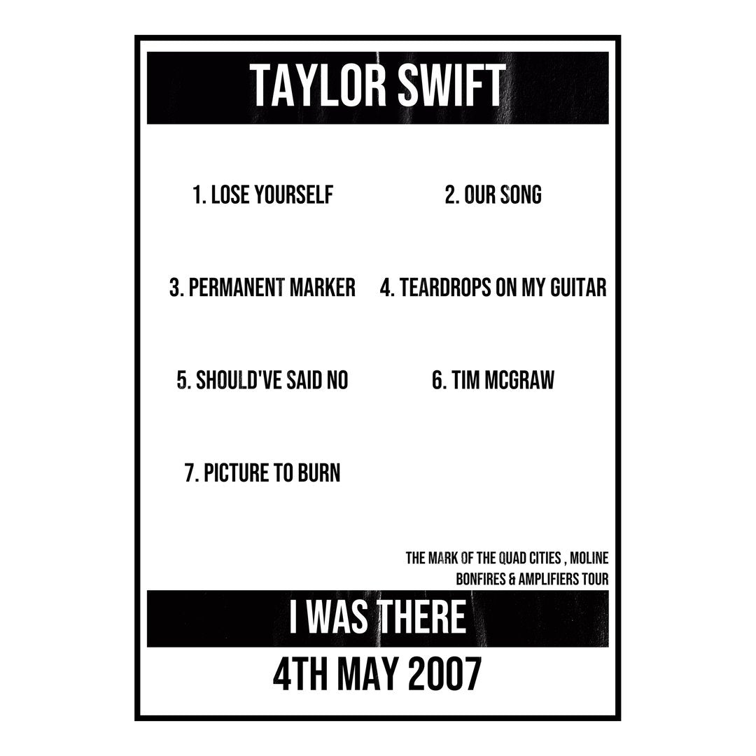 Taylor Swift Moline 4th May 2007 Setlist poster