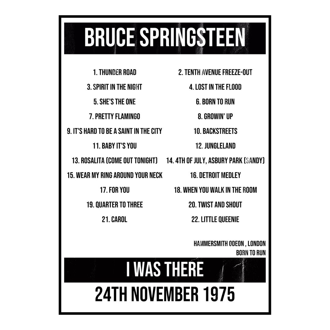Bruce Springsteen London 24th November 1975 Setlist poster