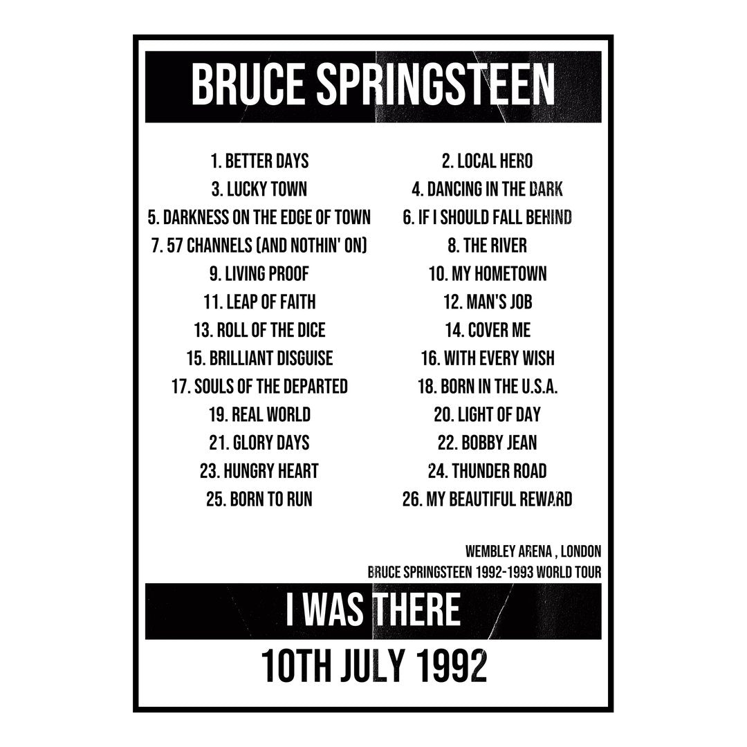 Bruce Springsteen London 10th July 1992 Setlist poster