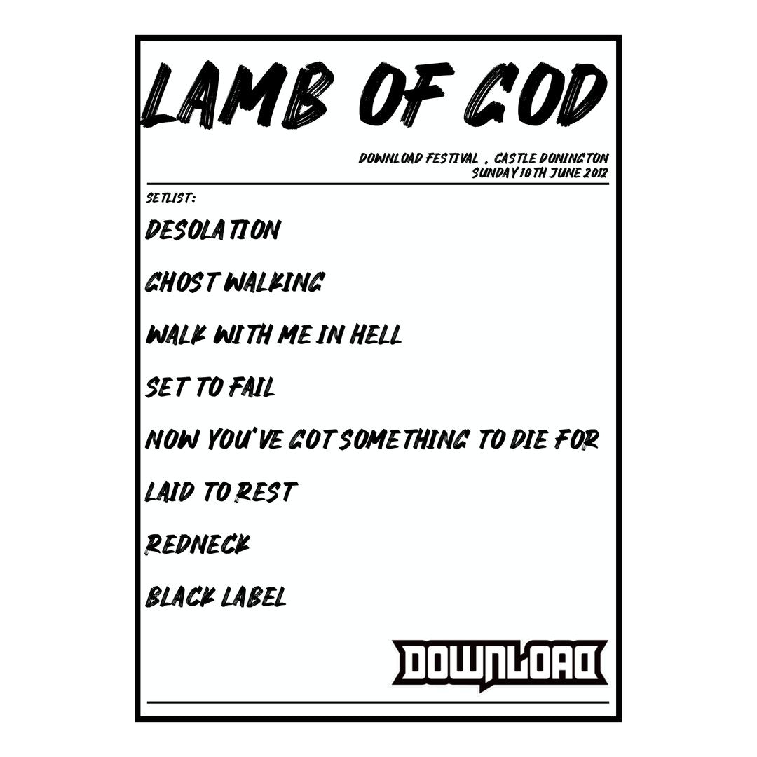 Lamb of God Castle Donington 10th June 2012 Setlist poster