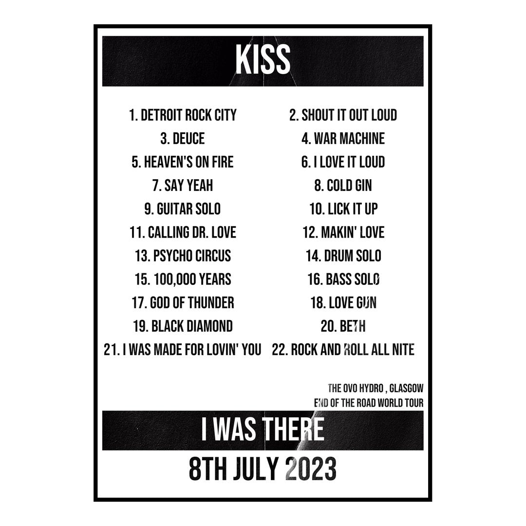 KISS Glasgow 8th July 2023 Setlist poster