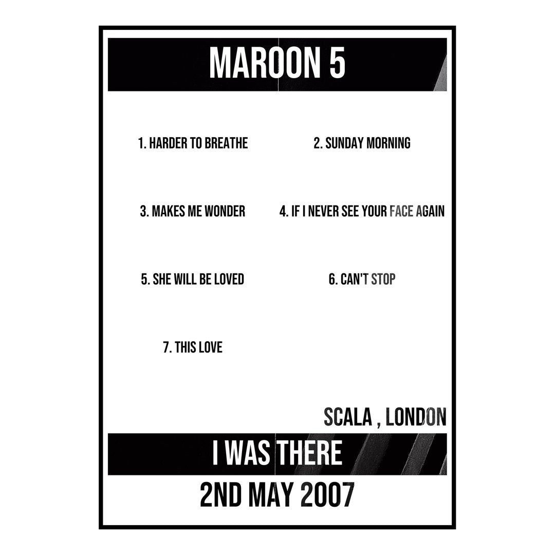 Maroon 5 London 2nd May 2007 Setlist poster