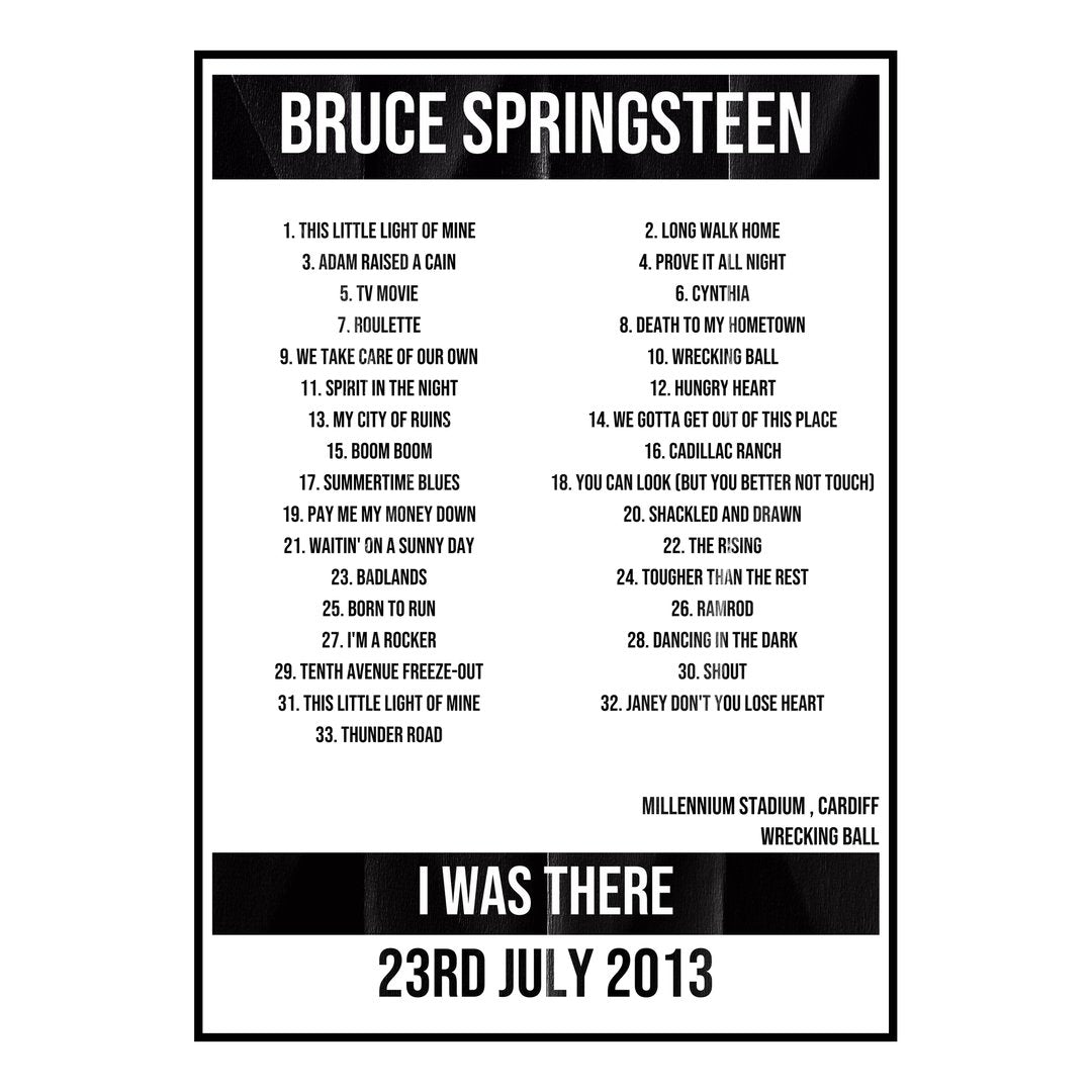 Bruce Springsteen Cardiff 23rd July 2013 Setlist poster