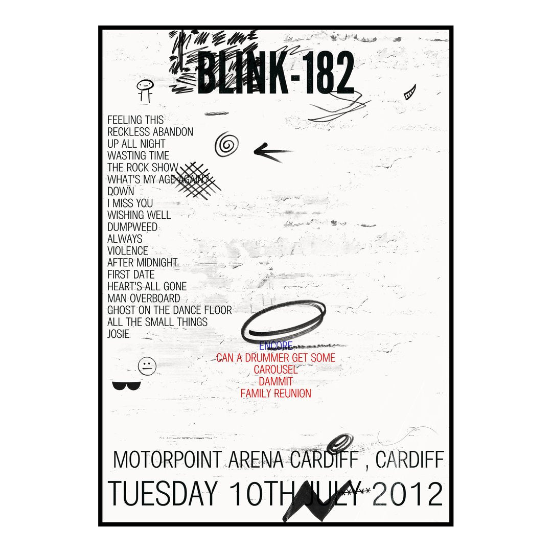 blink‐182 Cardiff 10th July 2012 Setlist poster