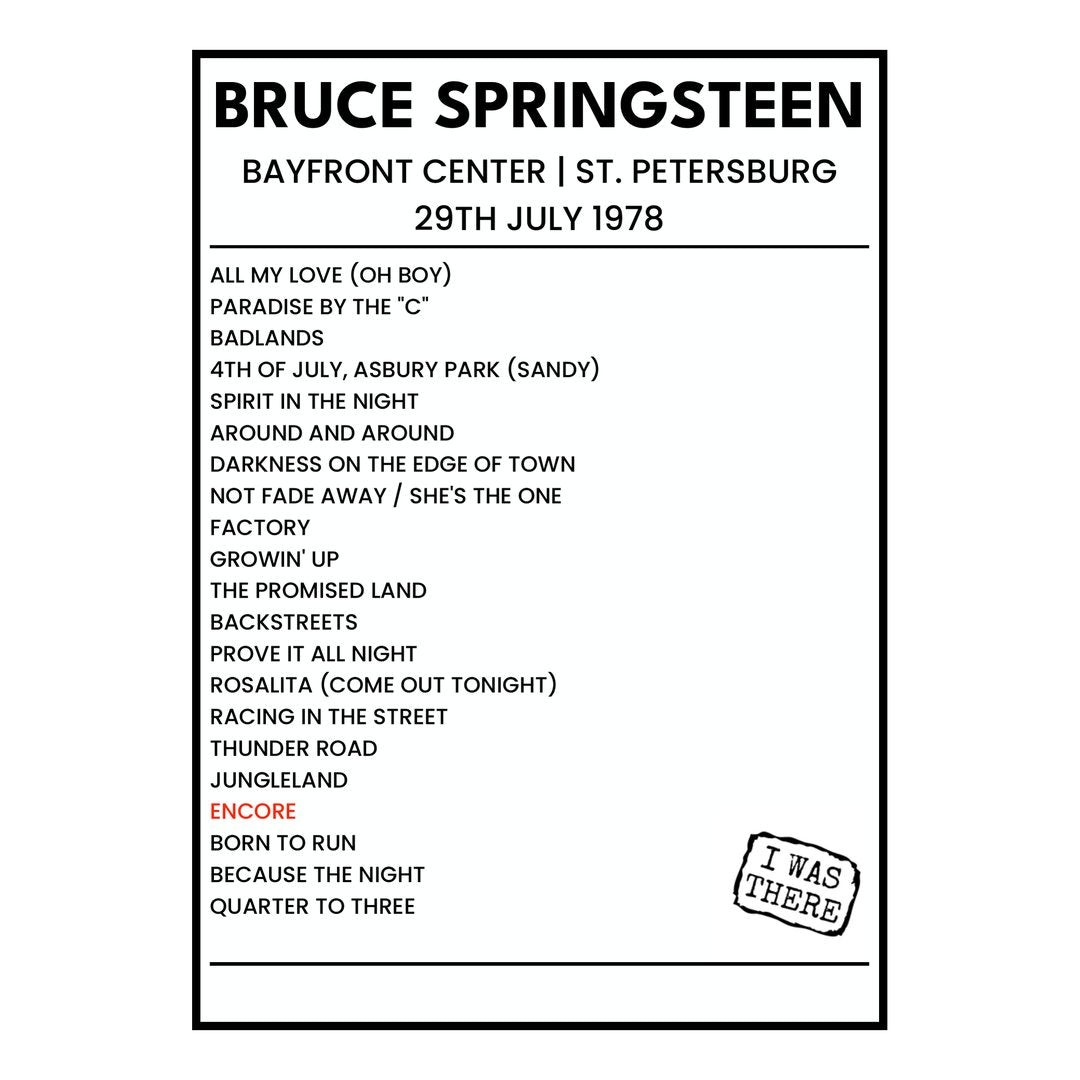 Bruce Springsteen St. Petersburg 29th July 1978 Setlist poster