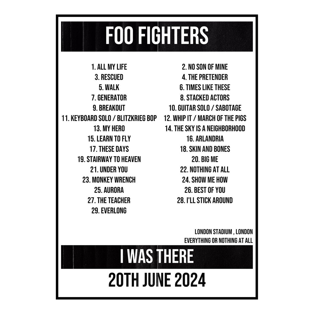 Foo Fighters London 20th June 2024 Setlist poster