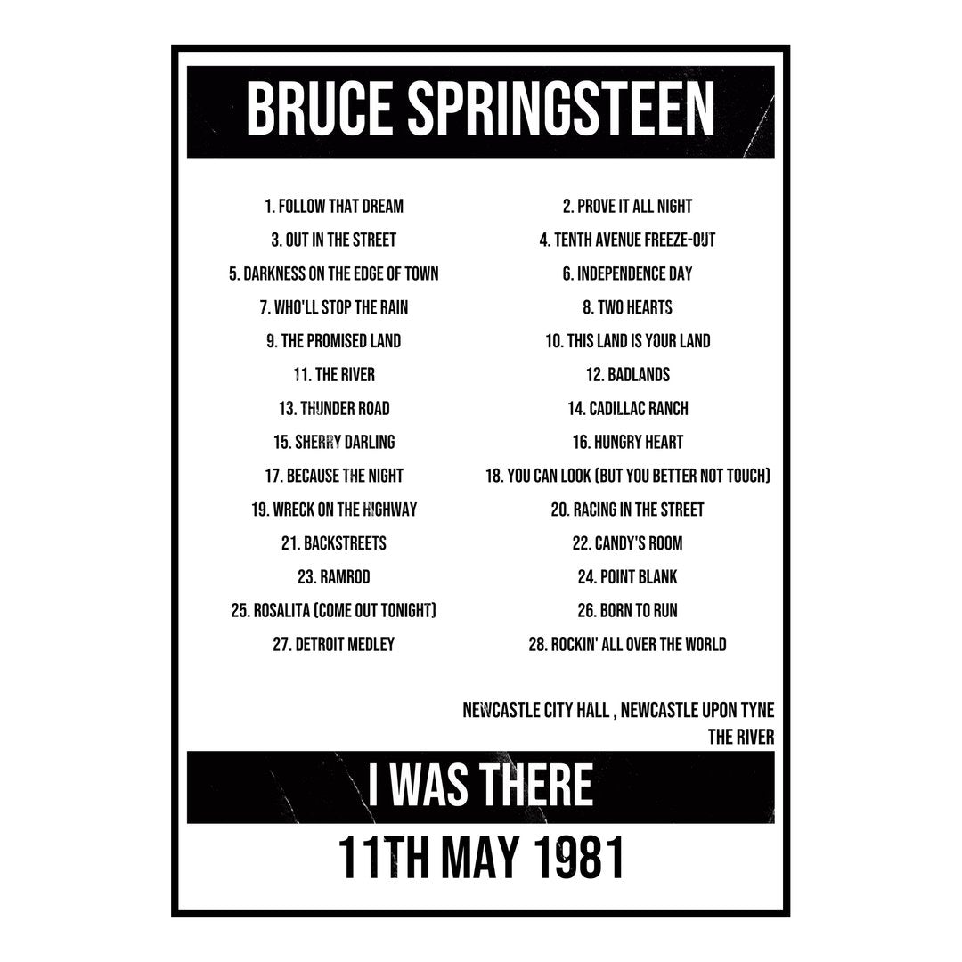 Bruce Springsteen Newcastle upon Tyne 11th May 1981 Setlist poster