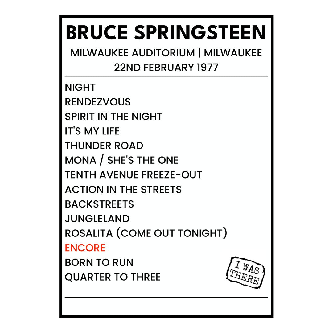 Bruce Springsteen Milwaukee 22nd February 1977 Setlist poster