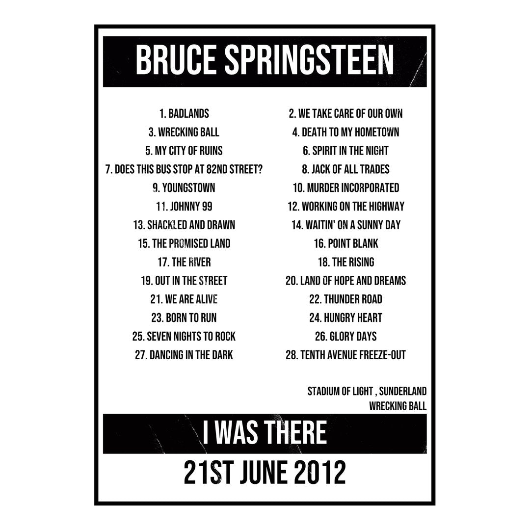 Bruce Springsteen Sunderland 21st June 2012 Setlist poster