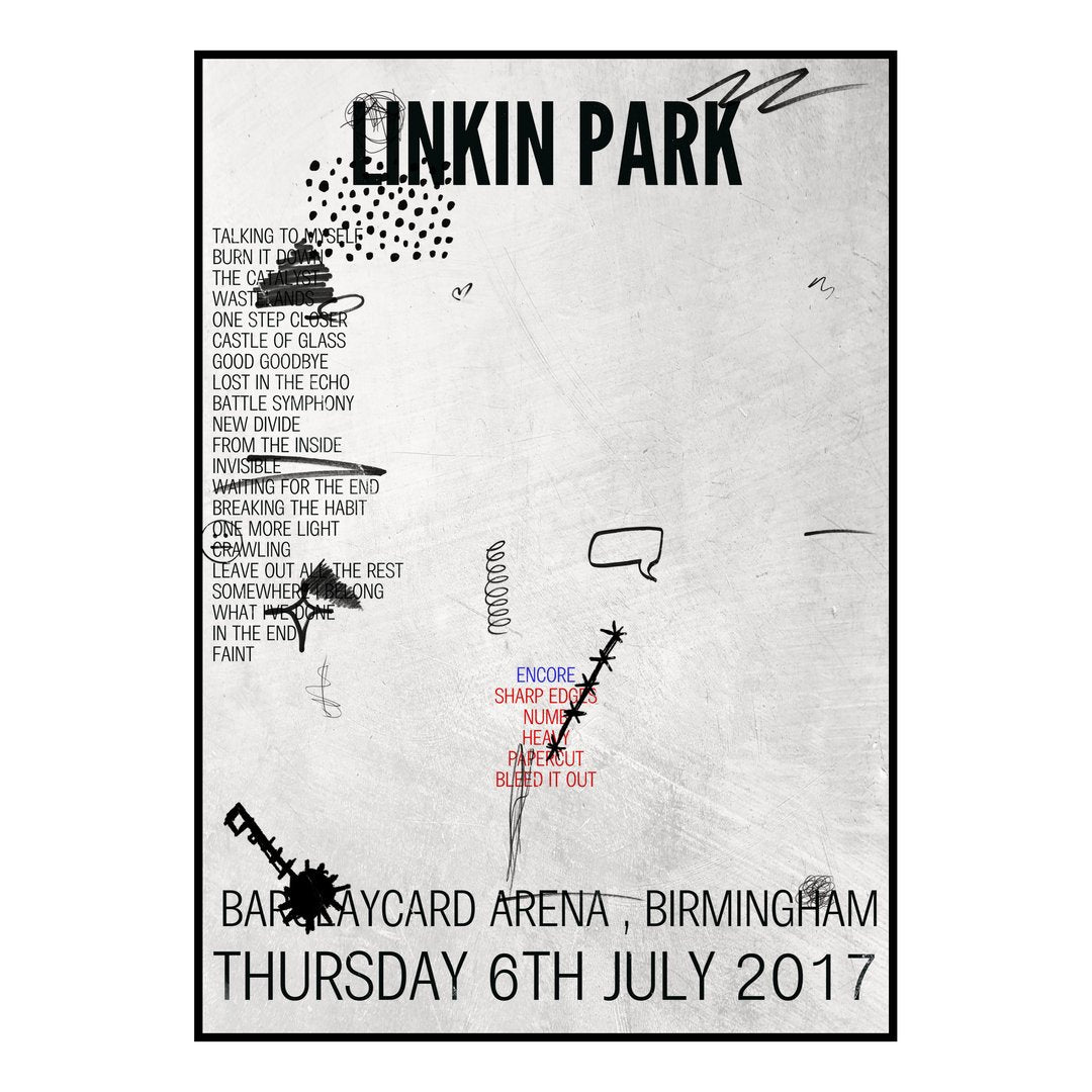 Linkin Park Birmingham 6th July 2017 Setlist poster