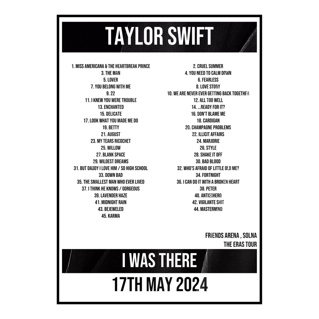 Taylor Swift Solna 17th May 2024 Setlist poster