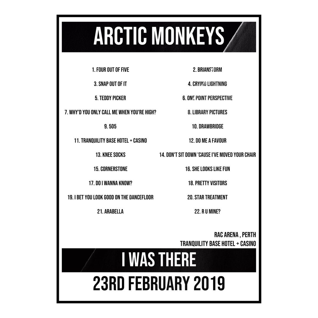 Arctic Monkeys Perth 23rd February 2019 Setlist poster